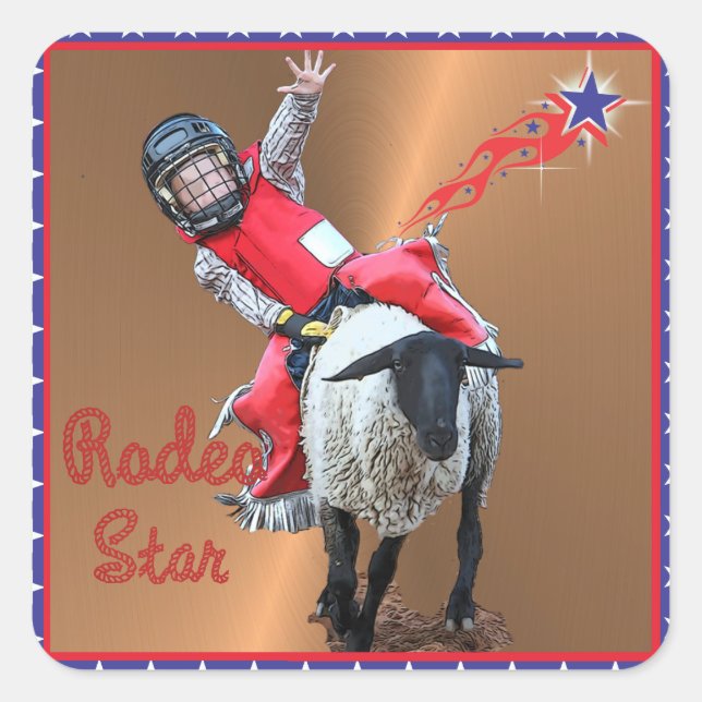 Western Rodeo Star Mutton Busting Kid Quadratischer Aufkleber (Vorderseite)