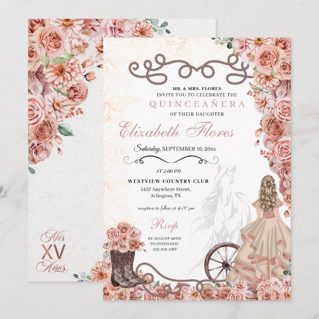 Western Rose Gold Princess Charra Quinceañera Einladung (Vorne/Hinten)