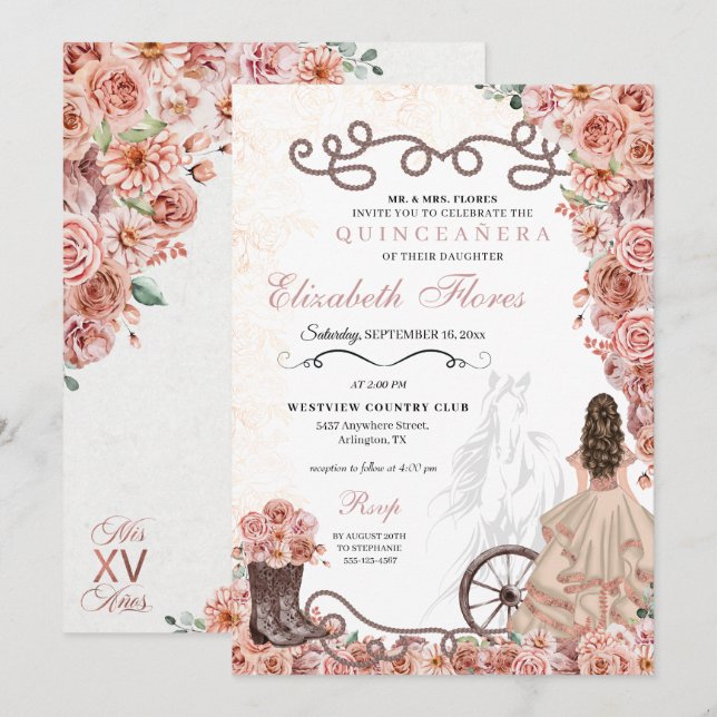 Western Rose Gold Princess Charra Quinceañera Einladung (Vorne/Hinten)