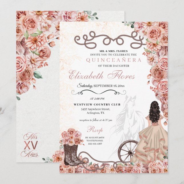 Western Rose Gold Princess Charra Quinceañera Einladung (Vorne/Hinten)