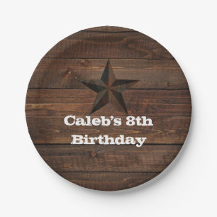 Western-rostiger Stern auf hölzernem rustikalem Pappteller