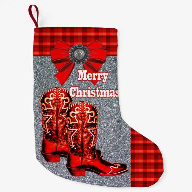 Western-rote Cowboystiefel mit kariertem Kleiner Weihnachtsstrumpf (Vorderseite)