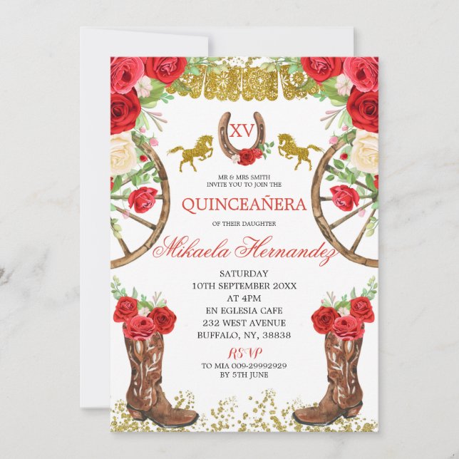 Western Rote Rose Charra Quinceanera Einladung (Vorderseite)
