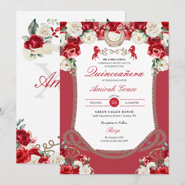 Western Rote Rosen Charro Cowgirl Quinceañera Einladung (Vorne/Hinten)