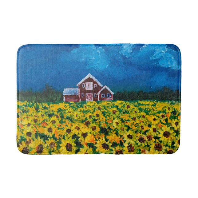 Western Roter Stall Sommer Sonnenblumenfeld Badematte (Vorderseite)