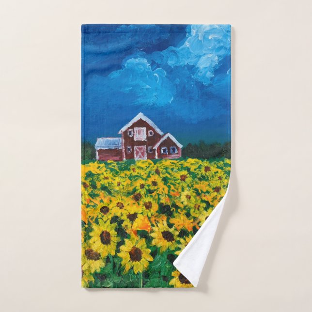 Western Roter Stall Sommer Sonnenblumenfeld Handtuch (Handtuch)