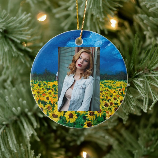 Western Roter Stall Sommer Sonnenblumenfeld Keramik Ornament (Baum)