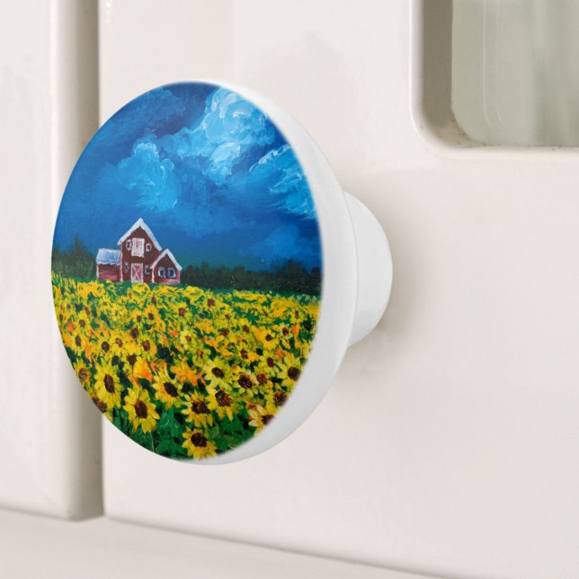 Western Roter Stall Sommer Sonnenblumenfeld Keramikknauf (western country red barn summer sunflower field ceramic knob)
