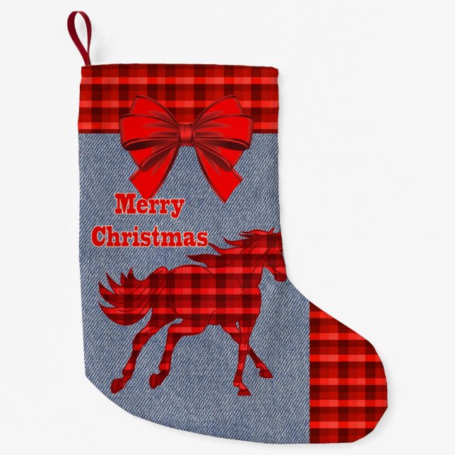 Western Rotes Kariertes Imitat Denim Kleiner Weihnachtsstrumpf (Vorderseite)