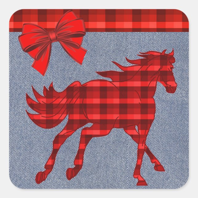 Western Rotes Kariertes Imitat Denim Quadratischer Aufkleber (Vorderseite)