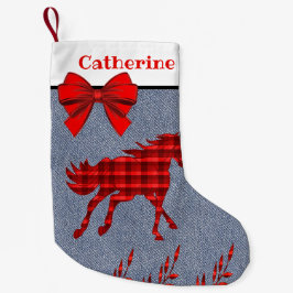 Western Rotes Kariertes Pferd auf Imitaten Denim Kleiner Weihnachtsstrumpf