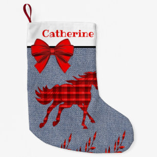 Western Rotes Kariertes Pferd auf Imitaten Denim Kleiner Weihnachtsstrumpf