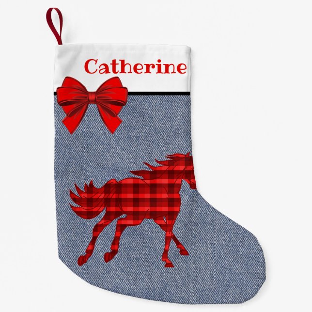 Western Rotes Kariertes Pferd auf Imitaten Denim Kleiner Weihnachtsstrumpf (Vorderseite)