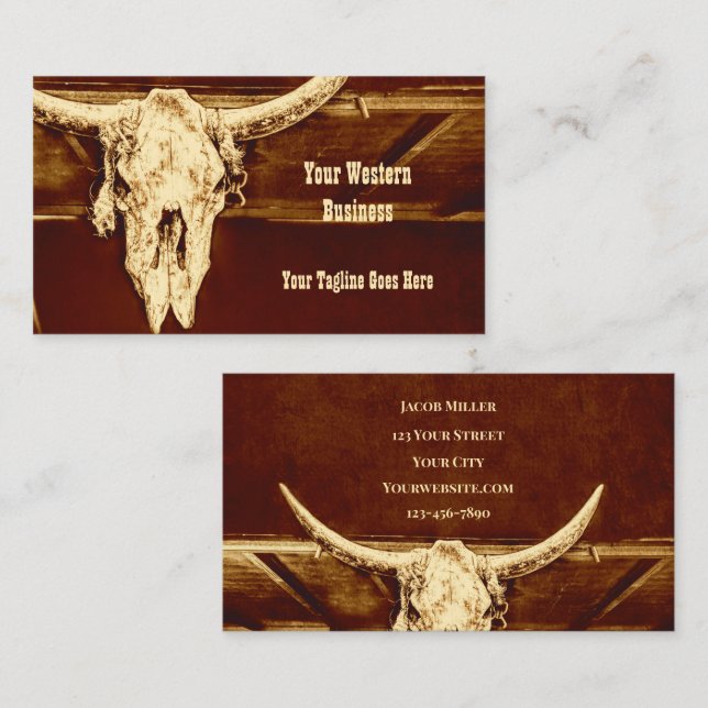 Western Rust Brown Rustic Bull Cow Skull Stall Visitenkarte (Vorne/Hinten)