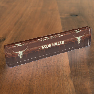 Western Rustic Brown Bull Skull Country Rodeo Namensplakette