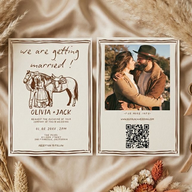 Western Rustic Hand Drawn Photo QR Code Wedding Einladung (Von Creator hochgeladen)