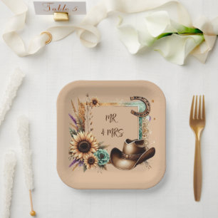 Western Rustic Wedding Mr & Mrs. 7 Inch Square Pappteller