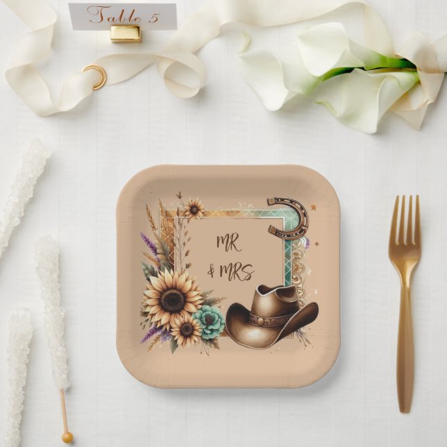 Western Rustic Wedding Mr & Mrs. 7 Inch Square Pappteller (Hochzeit)