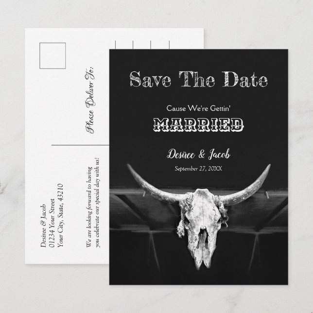 Western Rustikal, schwarz und weiß Save the Date Postkarte (Vorne/Hinten)