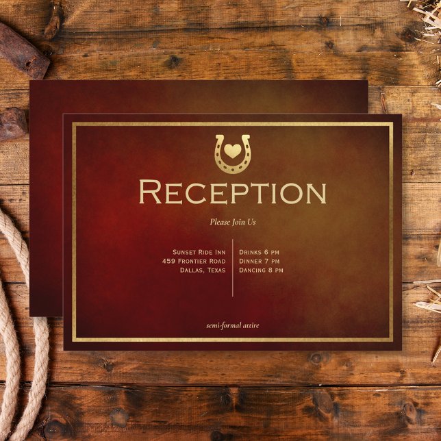 Western Rustikale Hufeisenburgund & Gold Empfang Begleitkarte (Western Rustic Horseshoe Burgundy & Gold Reception Enclosure Card)