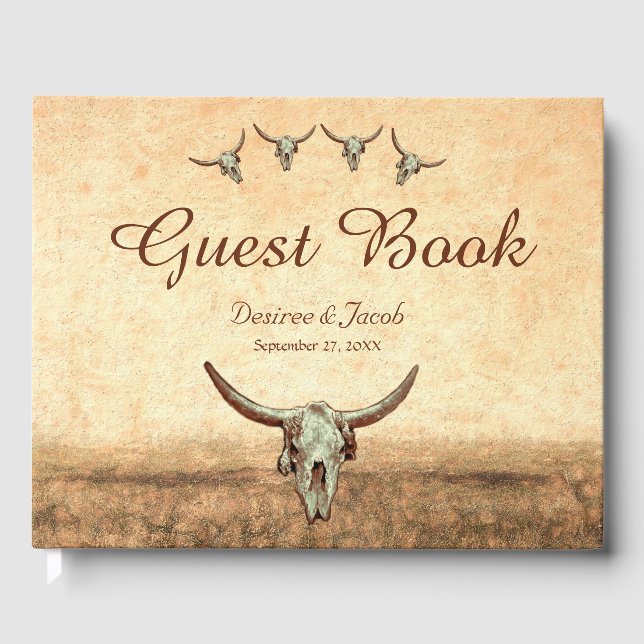 Western Rustikaler Hochzeitskuhschädel Gästebuch (Vorderseite)