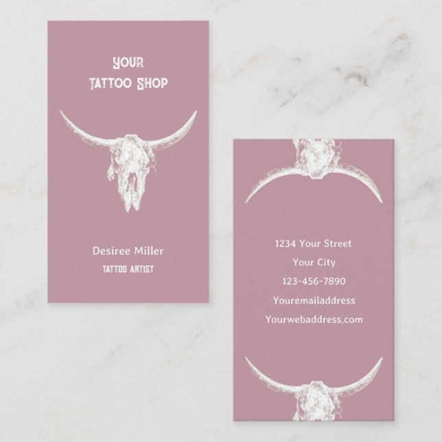 Western Rustikaler Rosa Tätowierung Shop Bull Skul Visitenkarte (Vorne/Hinten)