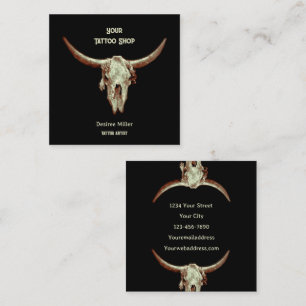 Western Rustikaler Schwarzer Tattoo Shop Bull Skul Quadratische Visitenkarte