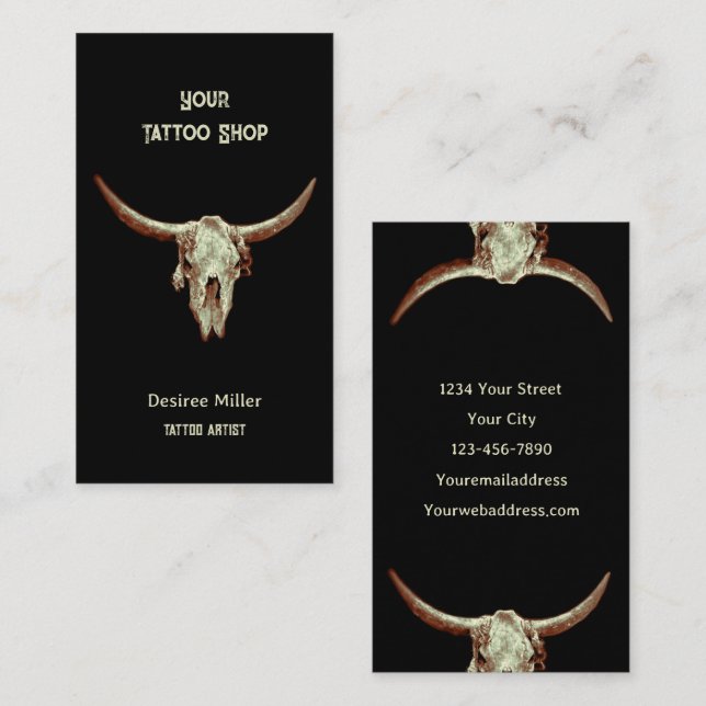 Western Rustikaler Schwarzer Tattoo Shop Bull Skul Visitenkarte (Vorne/Hinten)