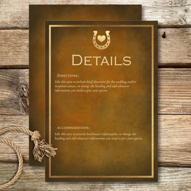 Western Rustikales Horseshoe Brown & Gold Details Begleitkarte (Western Rustic Horseshoe Brown & Gold Details Enclosure Card)