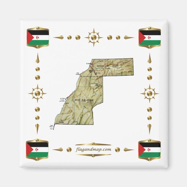 Western Sahara Map + Flags Magnet (Vorne)
