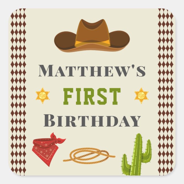 Western Saloon Cowboy Baby Boy Wild West Geburtsta Quadratischer Aufkleber (Vorderseite)