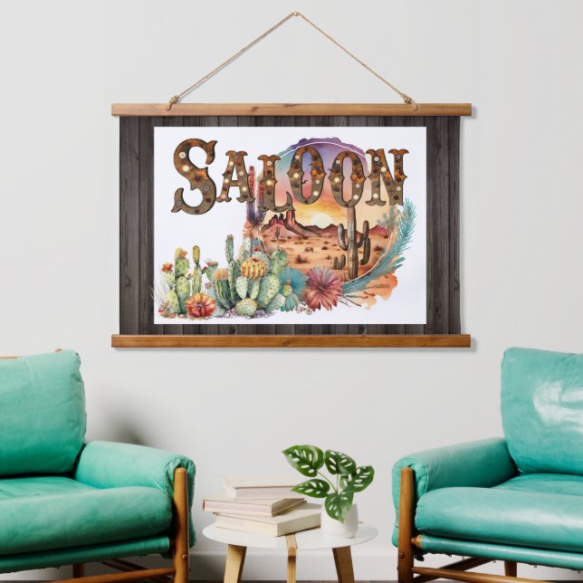 Western-Saloon Wüstenkaktus Türschild Wandteppich Mit Holzrahmen (Wohnzimmer)