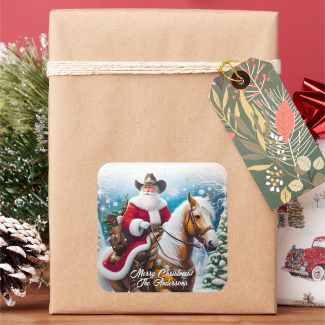 Western Santa Claus Reiten Palomino Weihnachten Quadratischer Aufkleber (Feiertag)