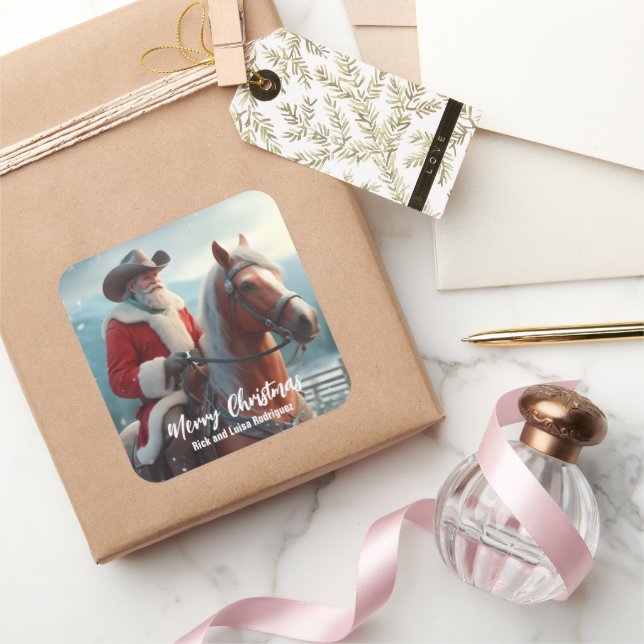 Western Santa Claus Reiten Quadratischer Aufkleber (Schenken)