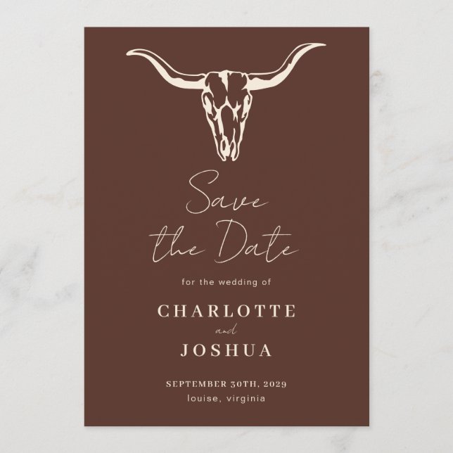 Western Save the Date | Rustikaler Boho-Kuhschädel (Vorderseite)