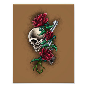 Western-Schädel mit Roten Rosen und Fotodruck
