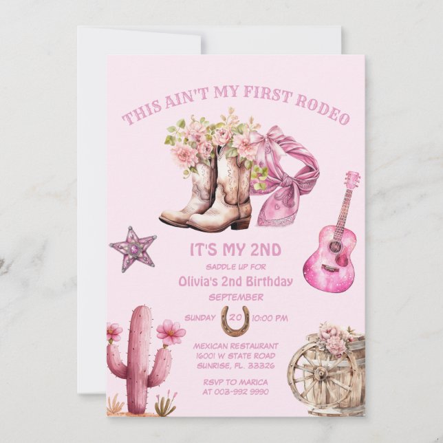 Western Second Rodeo Bows Pink Cowgirl Geburtstag Einladung (Vorderseite)
