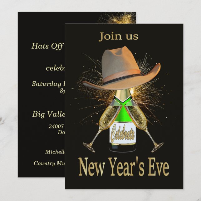 Western Silvester Party Cowboy Hat Champagne Einladung (Vorne/Hinten)
