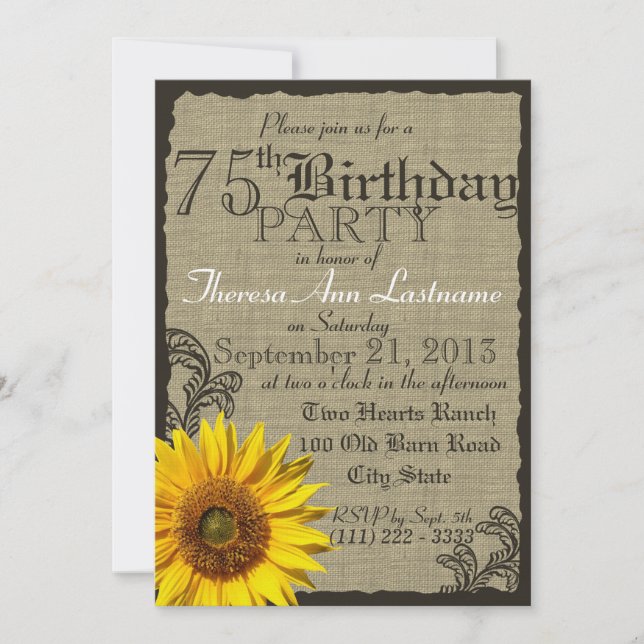 Western Sonnenblume Rustikal 75. Geburtstag Einladung (Vorderseite)