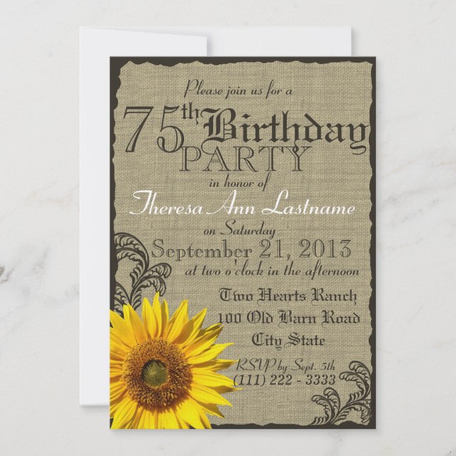 Western Sonnenblume Rustikal 75. Geburtstag Einladung (Vorderseite)