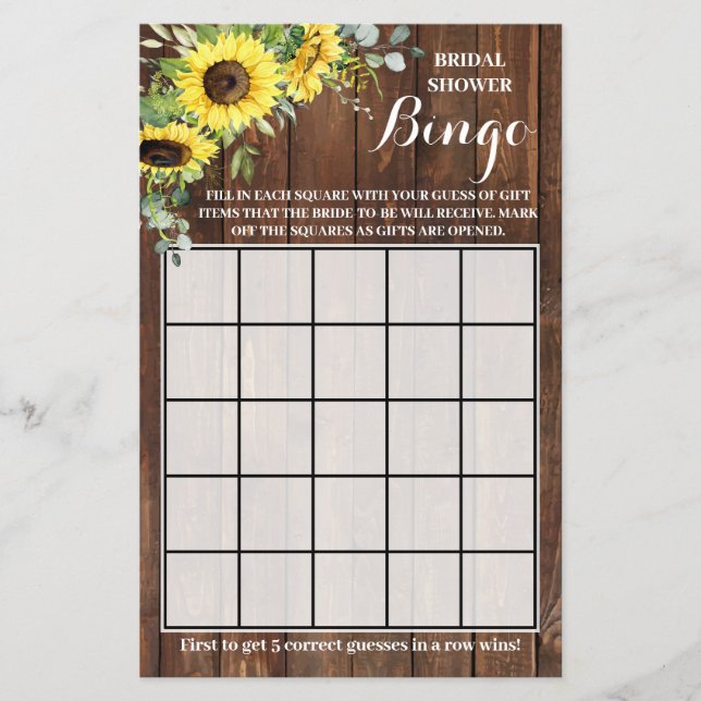 Western Sonnenblumen Grüne Dusche Bingo Spielkarte Flyer (Vorne)