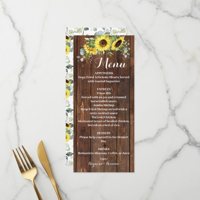 Western Sonnenblumen Grüne Hochzeit Brautparty Menükarte (Vorderseite/Rückseite Beispiel)