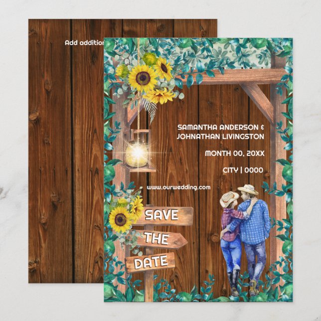 Western Sonnenblumen Paar rustikale Laubholz Einladung (Vorne/Hinten)