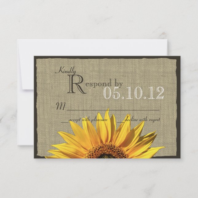 Western Sonnenblumen und Burlap-Hochzeitsreaktion RSVP Karte (Vorderseite)