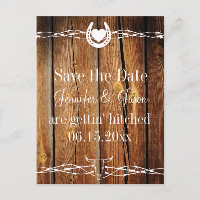 Western Stacheldraht Holz Save the Date Postkarten (Vorderseite)