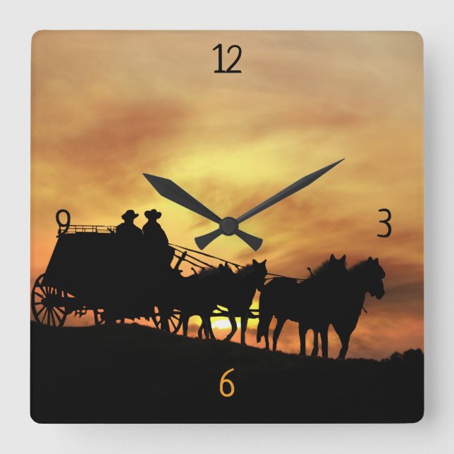 Western Stagecoach Quadratische Wanduhr (Vorderseite)