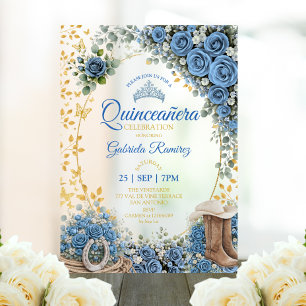 Western-Stiefel Blaue Rosen Goldene Quinceañera Acryleinladungen