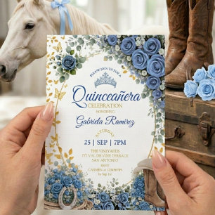 Western-Stiefel Blaue Rosen Goldene Quinceañera Einladung
