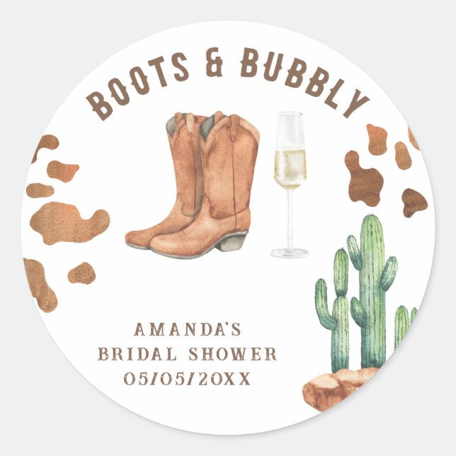 Western Stiefel & Bubbly Brautparty Runder Aufkleber (Vorderseite)
