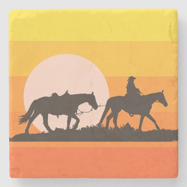 Western Sunset Cowboy Silhouette Throw Pillow Steinuntersetzer (Vorderseite)